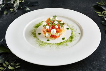 Beautiful Serving Italian Cuisine Dish of Salmon Millefeuille with Cream Cheese Mousse