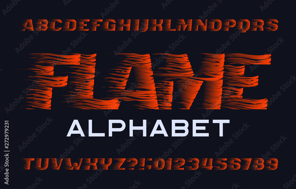 Fototapete flame alphabet font. flame effect type letters and numbers on dark background. stock vector typescri