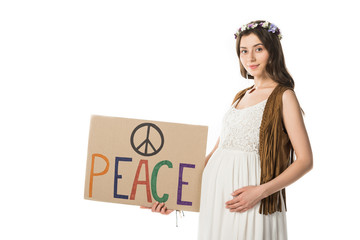 pregnant hippie woman holding placard with inscription isolated on white