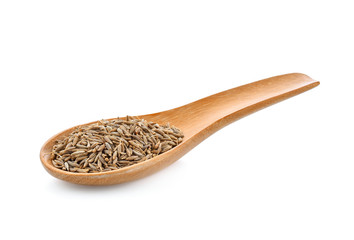 caraway seeds in wood spoon on white background