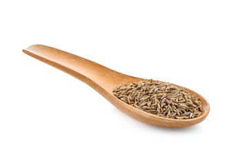 caraway seeds in wood spoon on white background