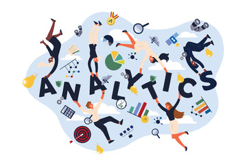 Analytics experts, economists, analysts making KPI presentations, representing information in charts, diagrams banner