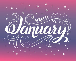 Vector illustration. Typographic composition. Lettering. Calligraphy. Hello December, January, February. Set elements for graphic design.