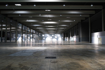The interior of one pavilions of the Fira Barcelona exhibition center  - obrazy, fototapety, plakaty