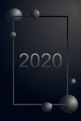 2020 luxury greeting card silver number two thousand and twelve and gray ball in gradient vertically frame on matte black background. Vector illustration. Merry Christmas for flyer or poster design