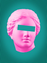 Plakat nowoczesnej sztuki konceptualnej z zielonym różowym kolorowym, antycznym biustem Wenus Kolaż sztuki współczesnej. - 272981452