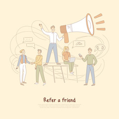 Referrals program, businessman holding huge megaphone, marketing network, refer a friend banner