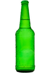 Beer bottle with water drops of condensation on white background