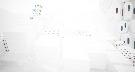 Abstract white and colored gradient glasses interior multilevel public space with window. 3D illustration and rendering.