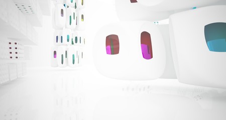 Abstract white and colored gradient glasses interior multilevel public space with window. 3D illustration and rendering.