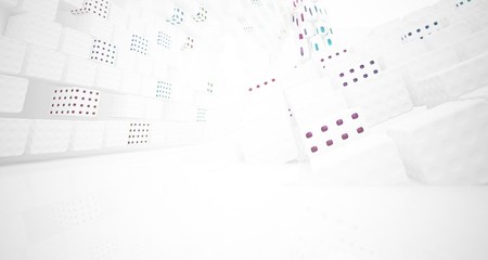 Abstract white and colored gradient glasses interior multilevel public space with window. 3D illustration and rendering.