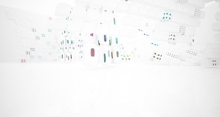 Abstract white and colored gradient glasses interior multilevel public space with window. 3D illustration and rendering.