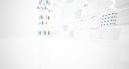 Abstract white and colored gradient glasses interior multilevel public space with window. 3D illustration and rendering.