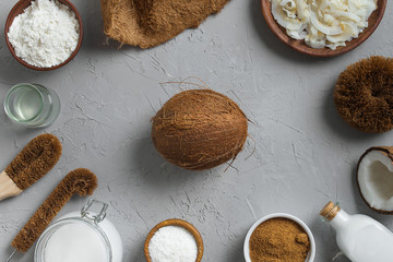 variety of products made from coconut with copy space