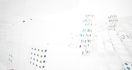 Abstract white and colored gradient glasses interior multilevel public space with window. 3D illustration and rendering.