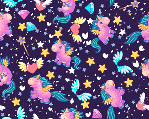 Cartoon magic seamless pattern. Decor elements set with cute unicorns with diamonds, hearts, magic and wings. It can be used for sticker, patch, phone case, poster, t-shirt, mug and other design.