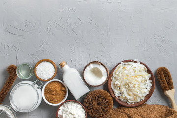 variety of products made from coconut with copy space