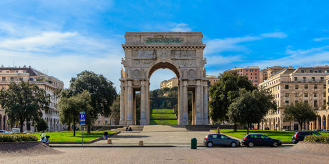 Fototapeta na wymiar GENOA, ITALY - MARCH 9, 2019: The Arco della Vittoria (Victory Arch) in Genoa, Italy