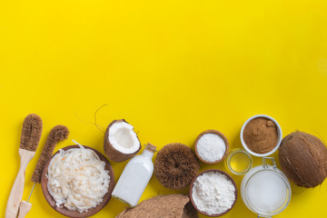 variety of products made from coconut with copy space