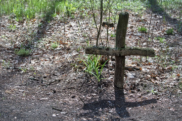 Grave in the field. Homemade wooden cross sticking out of the ground
