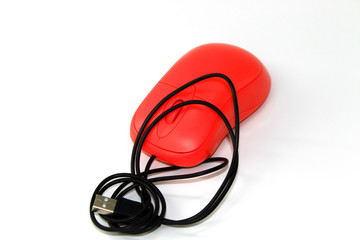 Pink computer mouse with black thin wire on white background