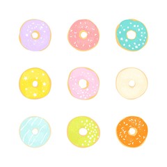 Collection with glazed donuts in pastel colors. Vector cute illustration.