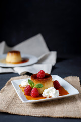 Egg flan with raspberries