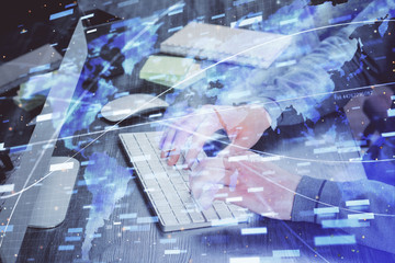 Double exposure of technology hologram with man working on computer background. Concept of big data.