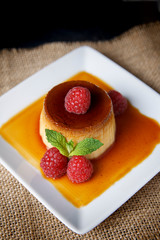 Egg flan with raspberries
