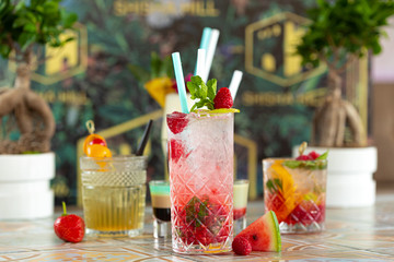 Colorful cocktails on top of the bar, summer coctails