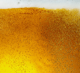 Close up view of floating bubbles in light golden colored beer background. Texture of cooling...