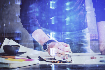 Writing Man hands with data theme multi exposure icons.