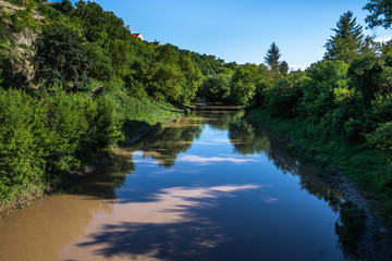 Sky, trees and shrubs are reflected in the calm waters of a small river. Summer landscape.