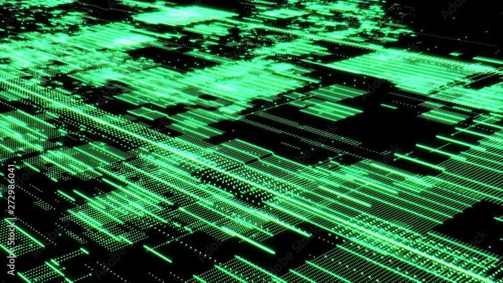 Poster Digital Construction Dot Moving Flow Data Communication Technology Motion. Grid Line Scifi Structure Particle Form Flickering In Cyber Space Concept.