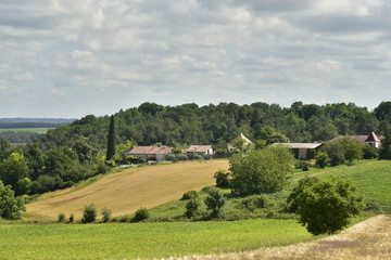Fototapeta na wymiar L'un des hameaux à flanc de colline dominant un champs de blé et zones boisées vers la vallée de la Lizonne au Périgord Vert