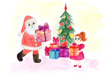 illustration with watercolor Santa Claus gives presents to the girl at the Christmas tree. a mountain of gifts, happy child. gifts for new year, christmas