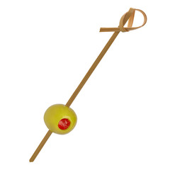 Green pitted olives with red pimento pepper on a bamboo cocktail stick isolated on white background...