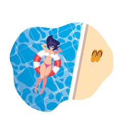 woman with swimsuit and lifeguard float floating in pool