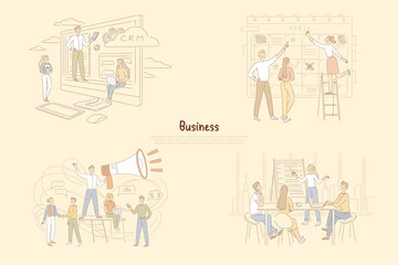 Leadership in business management, businessmen scheduling activities, top manager giving instructions banner