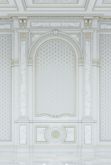 White wooden carved panels in classic style with marble inserts. 3d rendering