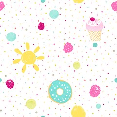 Seamless cute pattern with donut, ice cream, sun and berries. Vector delicate illustration on white background.