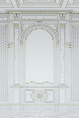 White wooden carved panels in classic style with marble inserts. 3d rendering