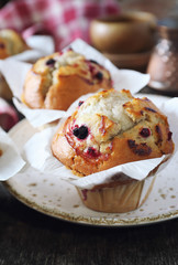 Blueberry muffins, cup of coffee and cezve