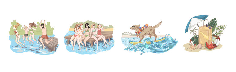 Happy friends on holidays, people jump in water, women sit on pier, dog in sunglasses on surfboard, summertime set