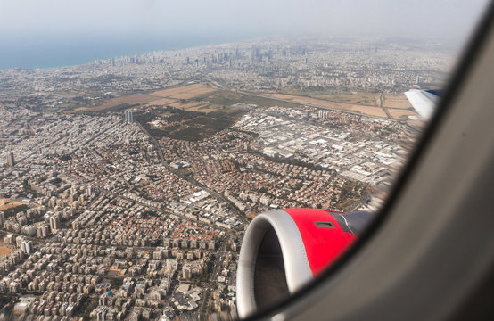 View of Tel Aviv city from the window of a flying airplane, Tel Aviv in Israel
