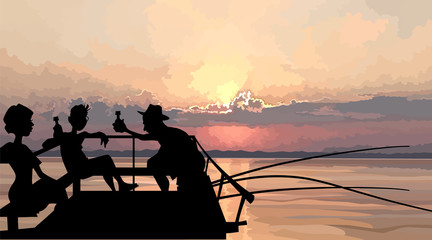 silhouette of a company of fishermen having a rest on a pier in the sea