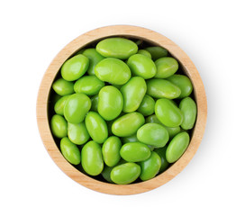 edamame green soy beans isolated on white background. top view