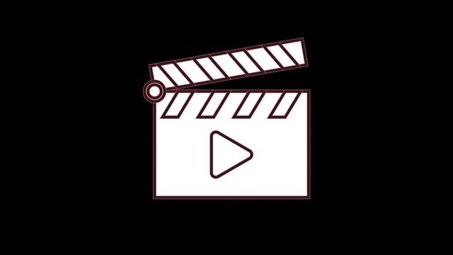 Clapper board on black background with glitch effect, retro style, movie play button on clapper board. 