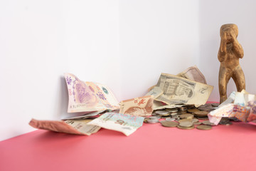 crying monkey with money on the white background