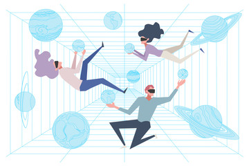 Scientists in simulation room, cyberspace, people in ar headsets floating in zero gravity, virtual reality education
